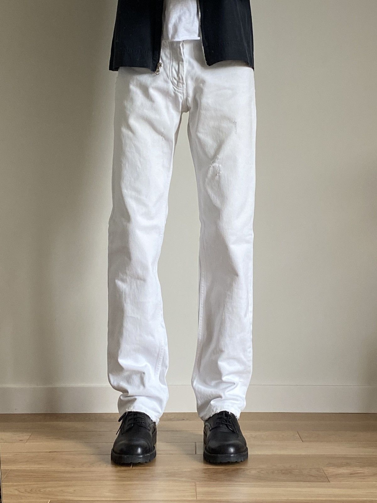 image of Vintage Helmut Lang Distressed White Broken Denim Jeans, Men's (Size 29)