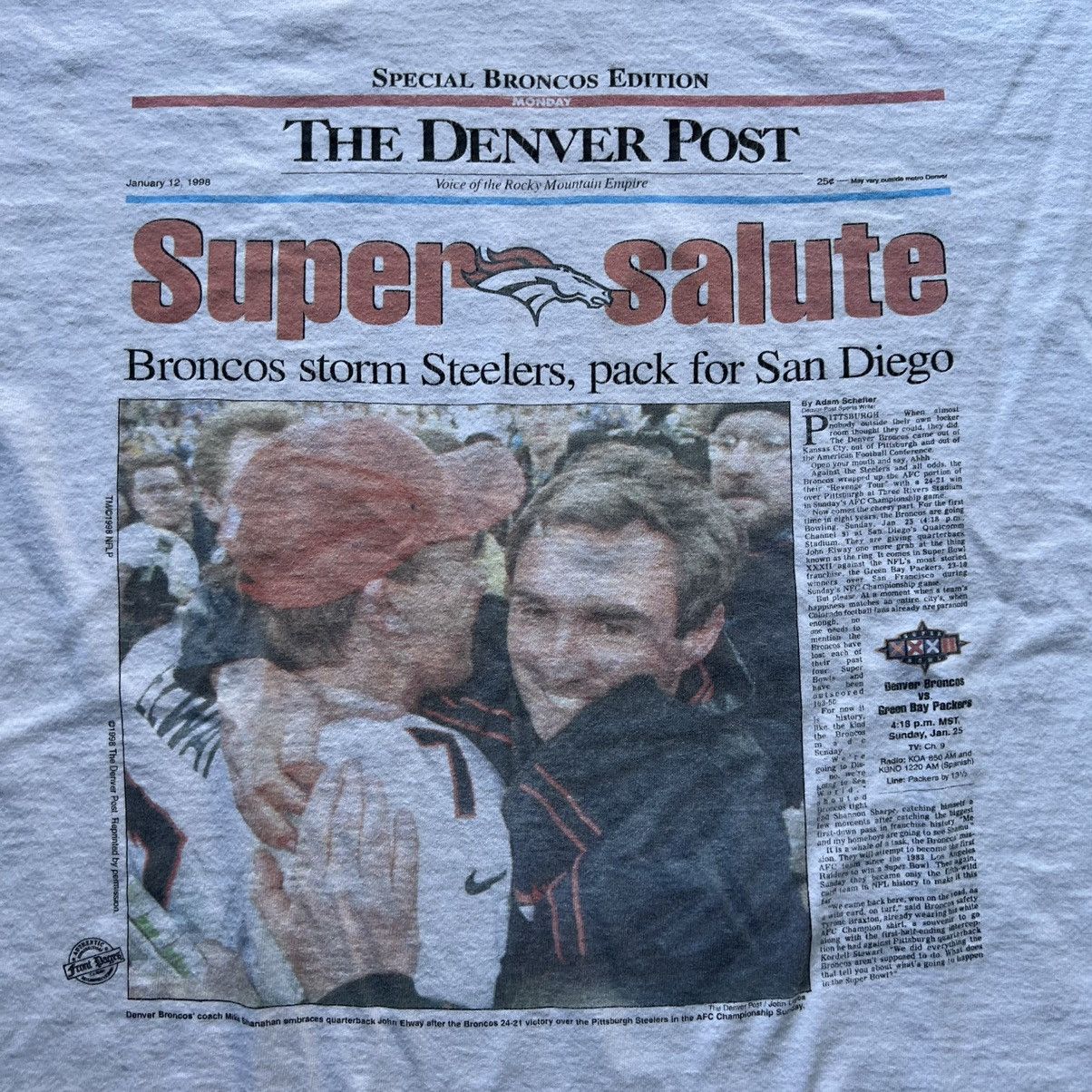 1998 John Elway Broncos Denver Post News Paper T-Shirt
