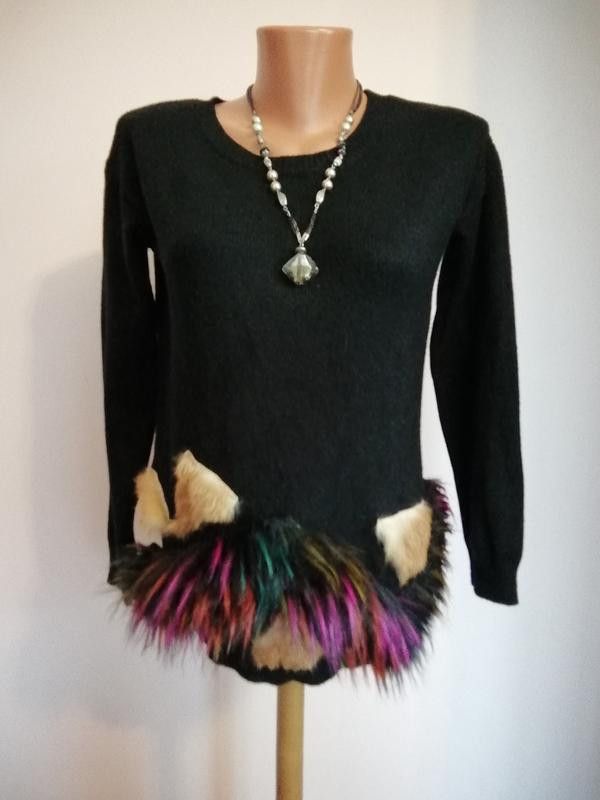 Vintage y2k black sweater with faux fur decor France Size S / US 4 / IT 40 - 1 Thumbnail