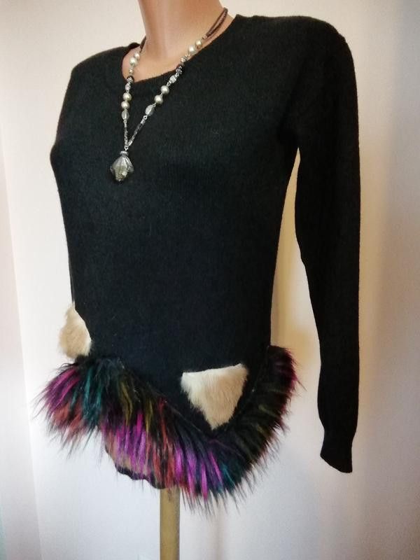 Vintage y2k black sweater with faux fur decor France Size S / US 4 / IT 40 - 2 Thumbnail