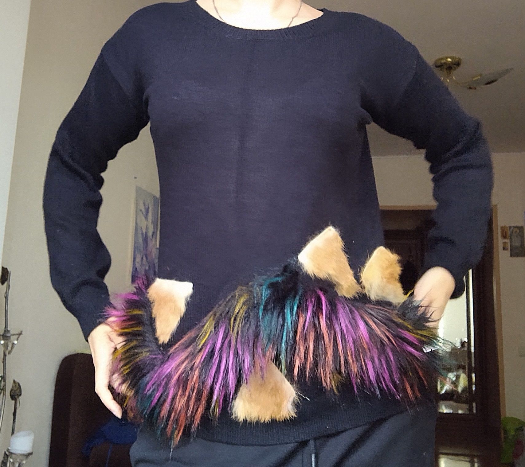 Vintage y2k black sweater with faux fur decor France Size S / US 4 / IT 40 - 6 Thumbnail