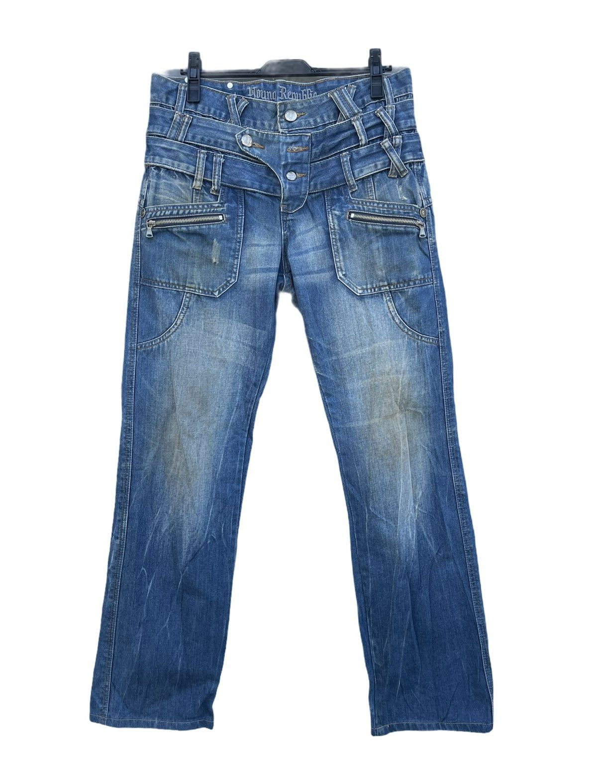If Six Was Nine × Le Grande Bleu (L.G.B.) Young Republic Triple Waist Blue Distressed Jeans Size US 34 / EU 50 - 2 Thumbnail
