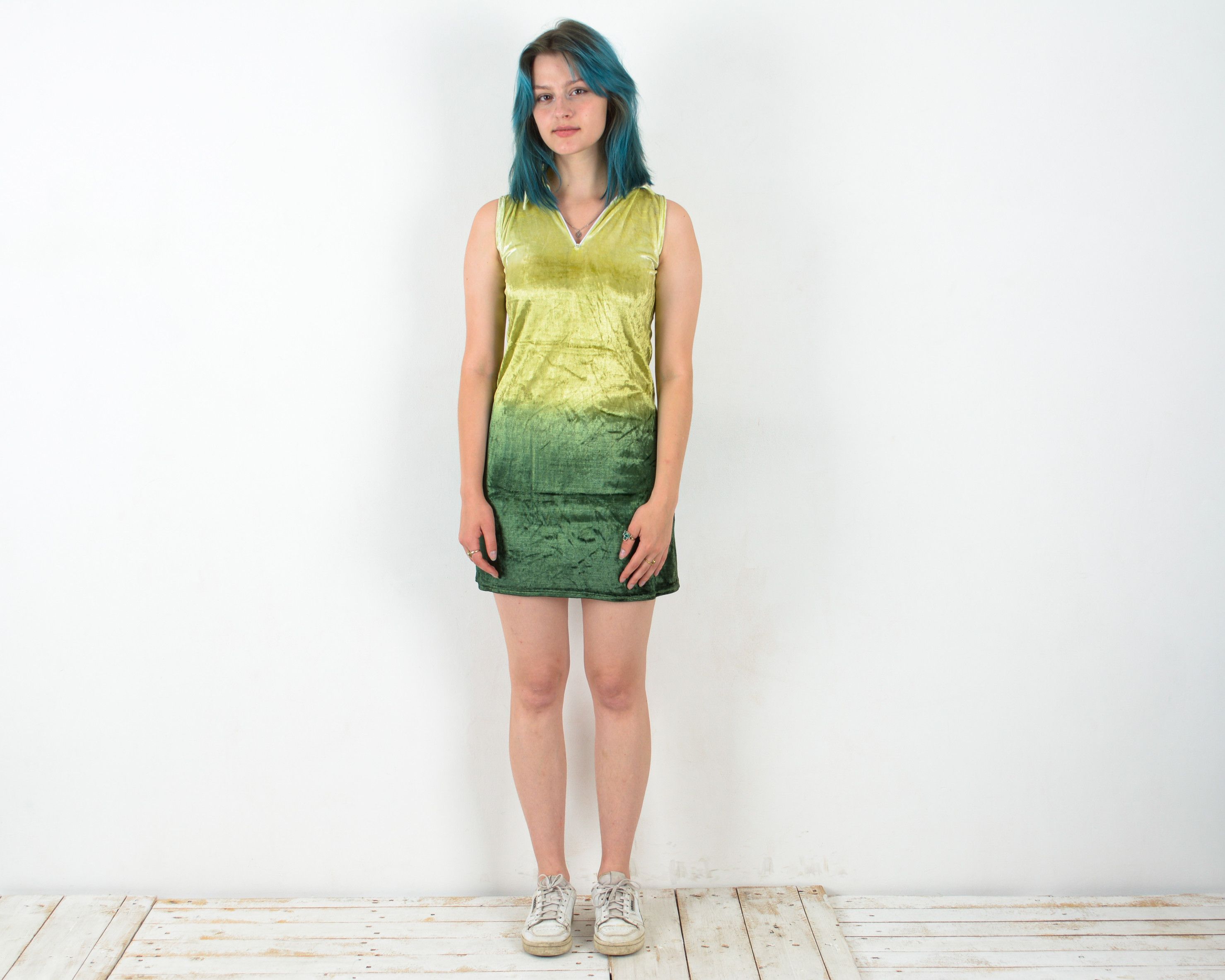 Vintage 70s Mini Tunic Dress Ziper Summer Green Gradient Hippie Size S / US 4 / IT 40 - 1 Thumbnail