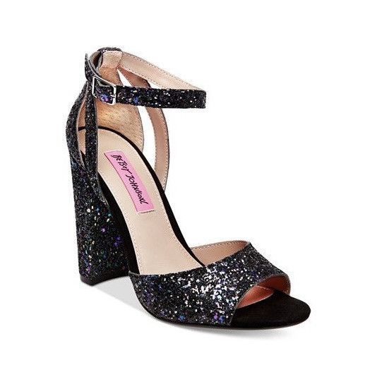 BETSEY JOHNSON Black Glitter Glissten Sandal Block Heels