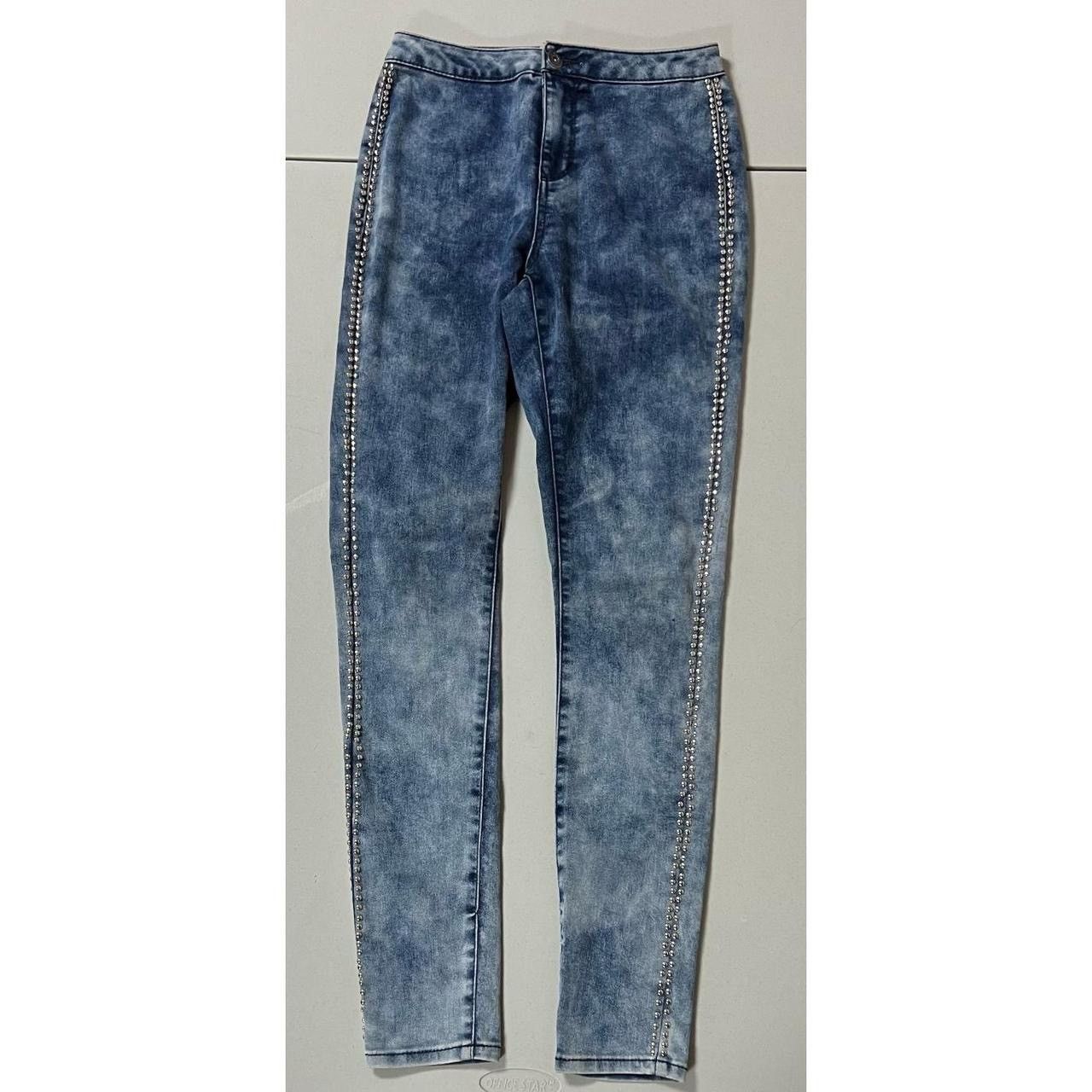 Acid-Wash Studded Leftover Crack Stretch Skinny Jeans Pants