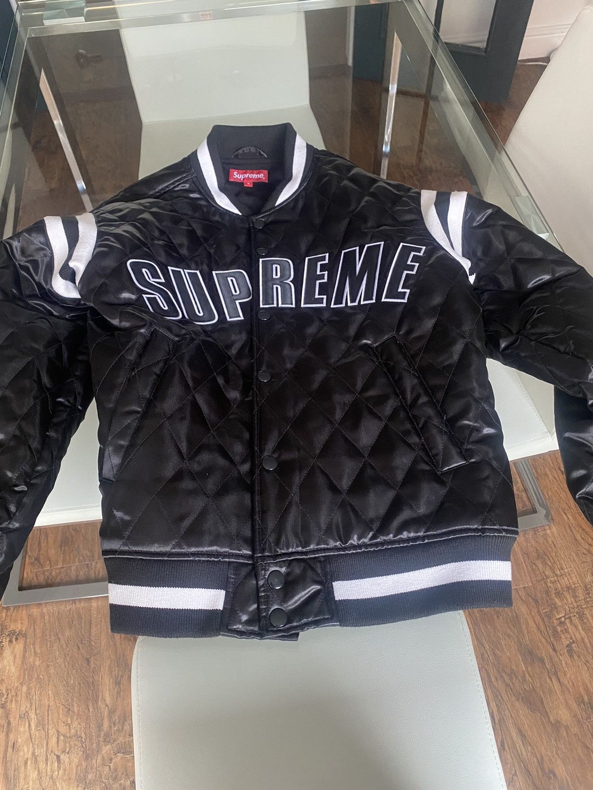 Supreme supreme quilted satin varsity jacket size small (Rare Item