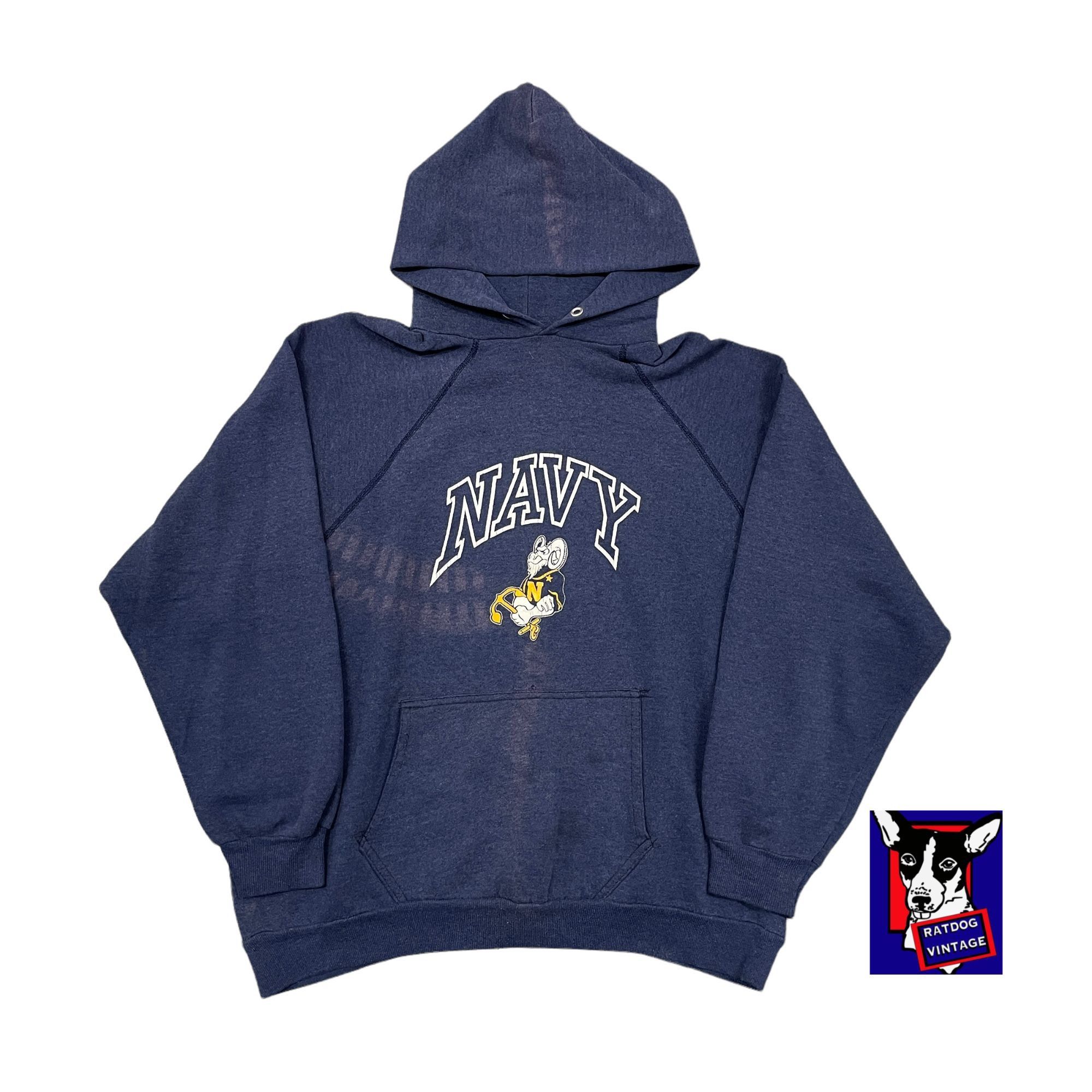 70s VTG US Navy Blue/Yellow Hoodie Sweatshirt Faded Worn XL