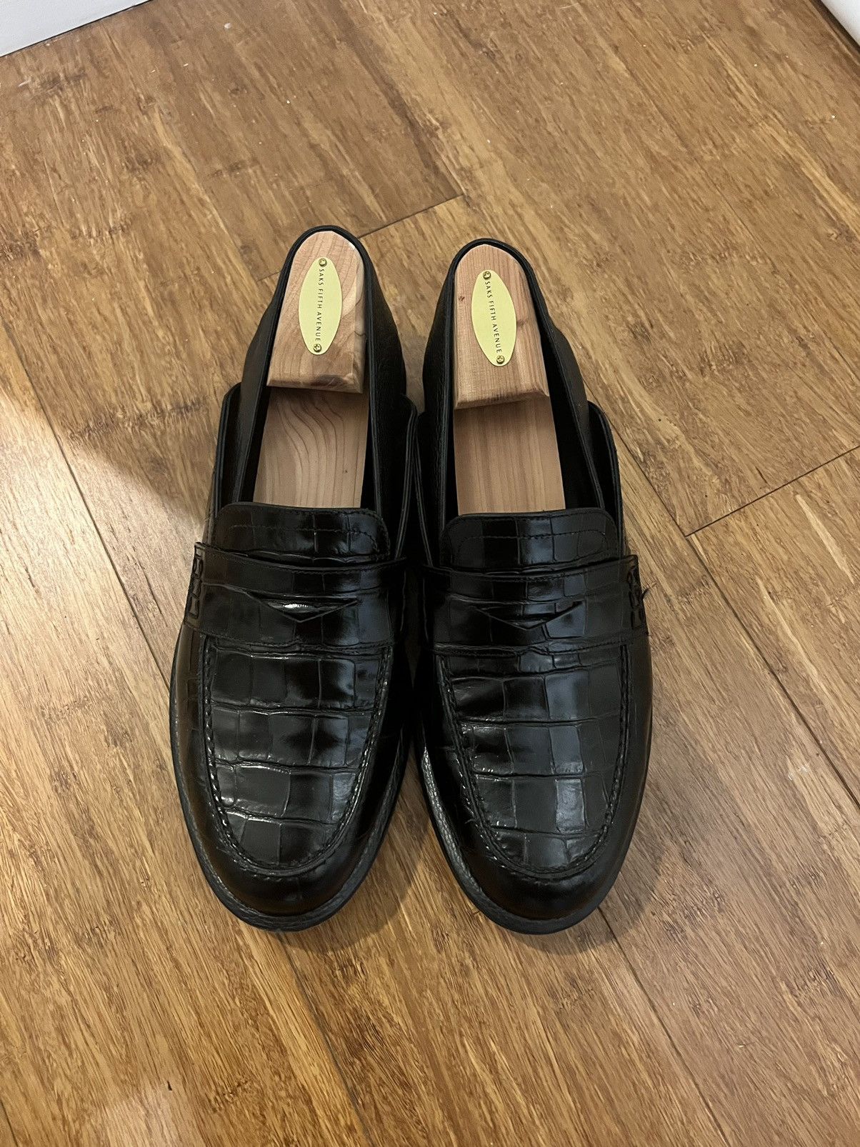 Pre-owned Loewe Croc Embossed Loafers/mules In Black