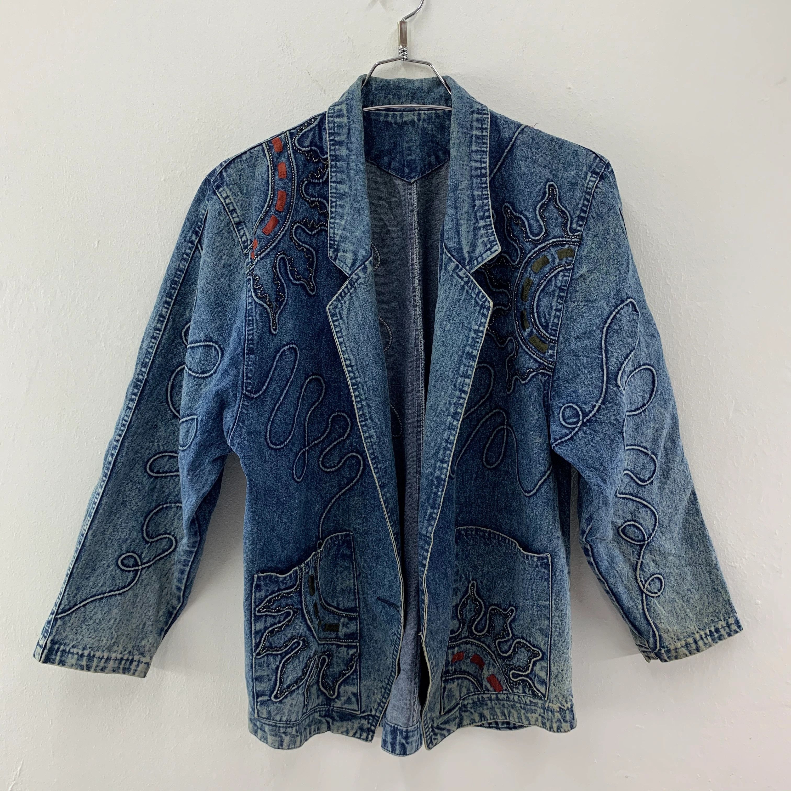 Vintage Jacket Blazer Blue Denim Custom Embroidery - X1017