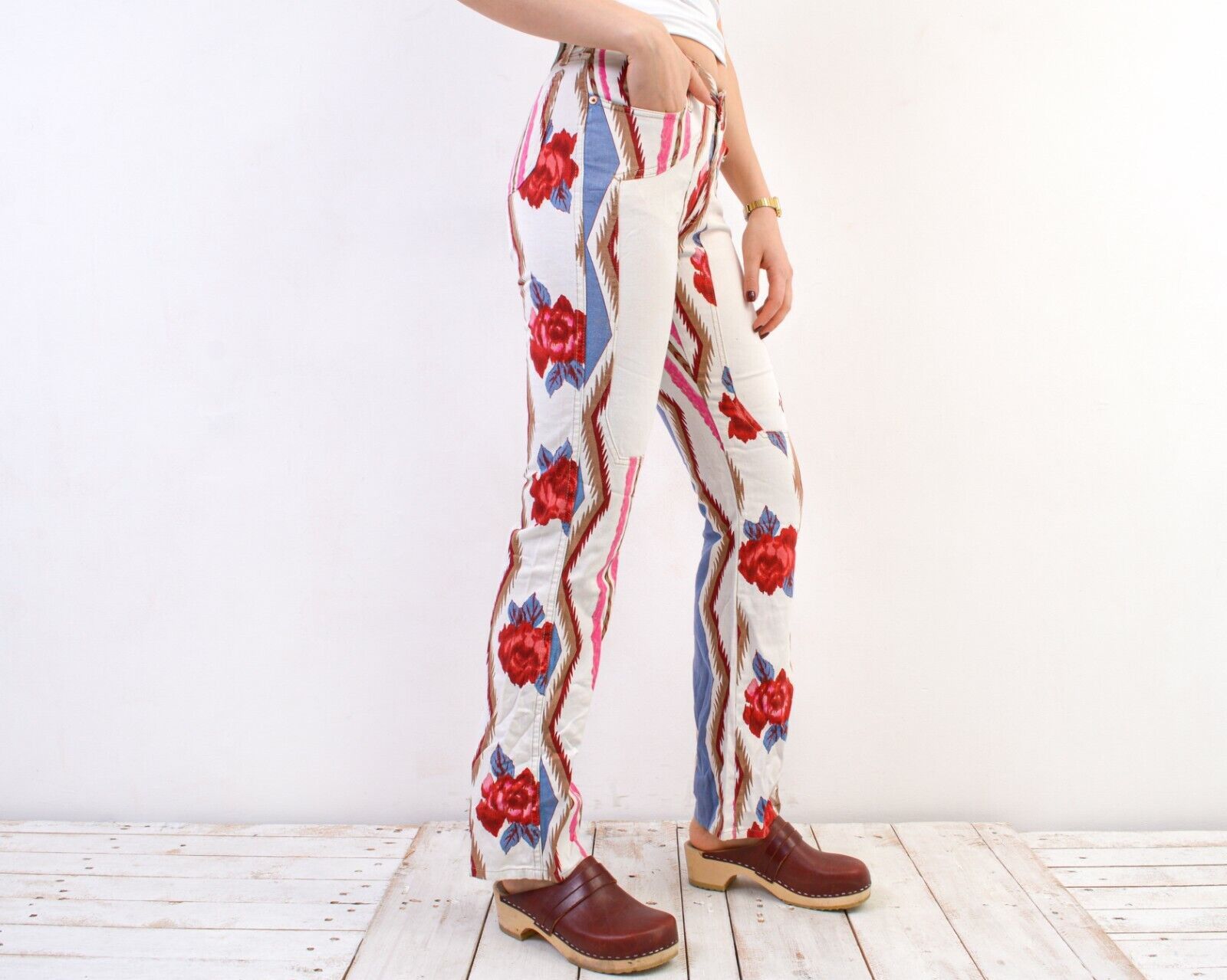 Jeckerson × Vintage Women's Jeans Denim Boho Pants Regular Fit Hippie Roses VTG Size 29" - 2 Thumbnail