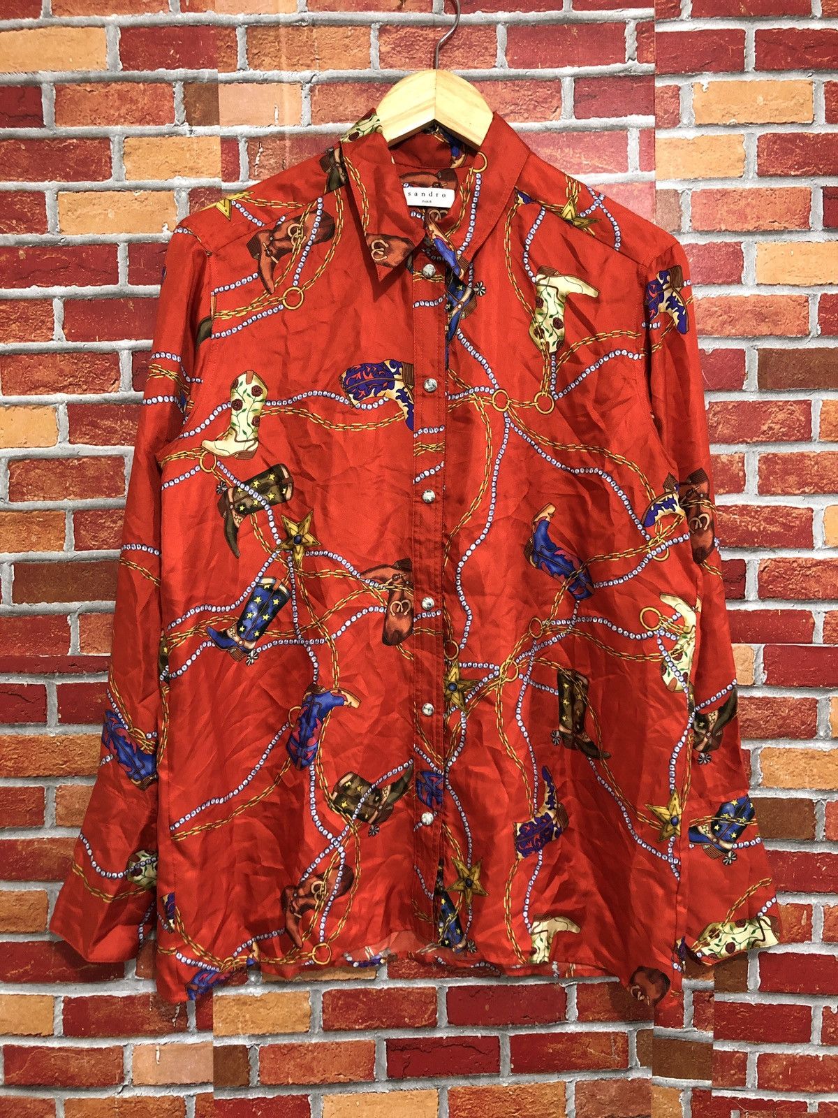 Sandro Sandro Paris Boots Print Silk Shirt Size XXS / US 00 / IT 34 - 1 Thumbnail