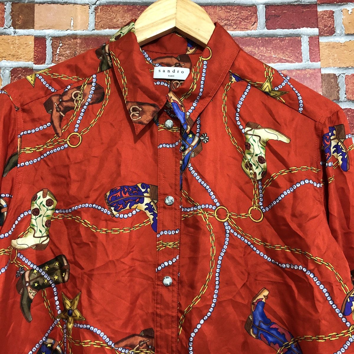 Sandro Sandro Paris Boots Print Silk Shirt Size XXS / US 00 / IT 34 - 2 Thumbnail
