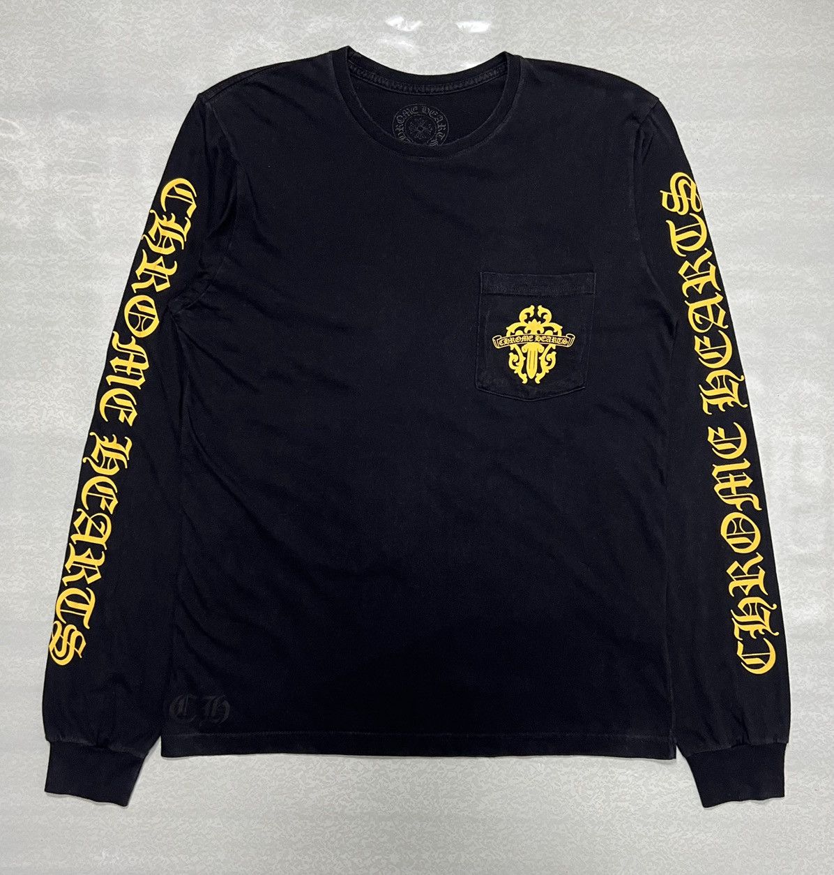Pre-owned Chrome Hearts Yellow Dagger Script Pocket Long Sleeve In Black