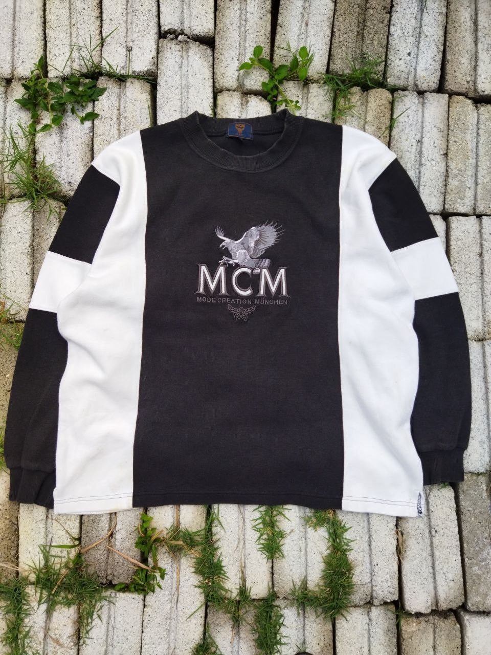 image of MCM Spellout Big Logo Distressed Sweatshirt in Black/White, Men's (Size 2XL)