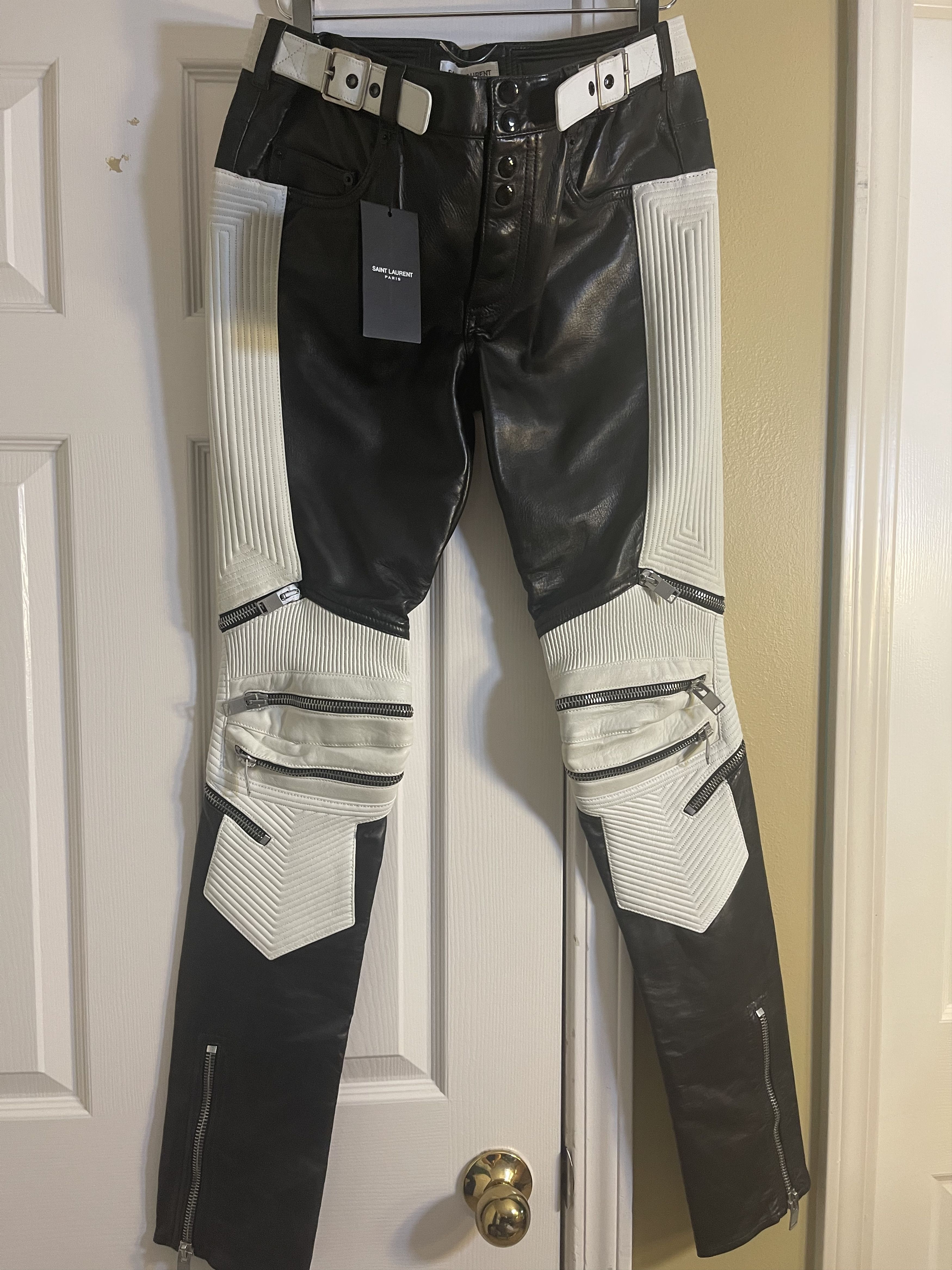 13fw black & white leather pants