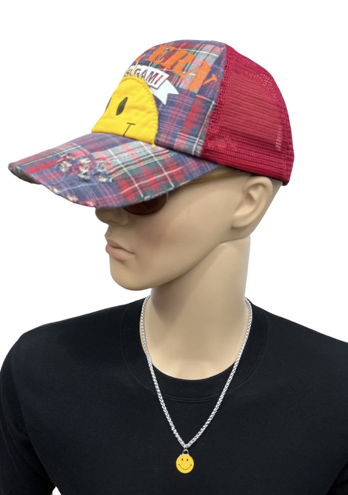 Japanese Brand DOPE🔥MISHI GAMI Smiley Distressed Tartan Trucker Hat Size ONE SIZE - 4 Thumbnail