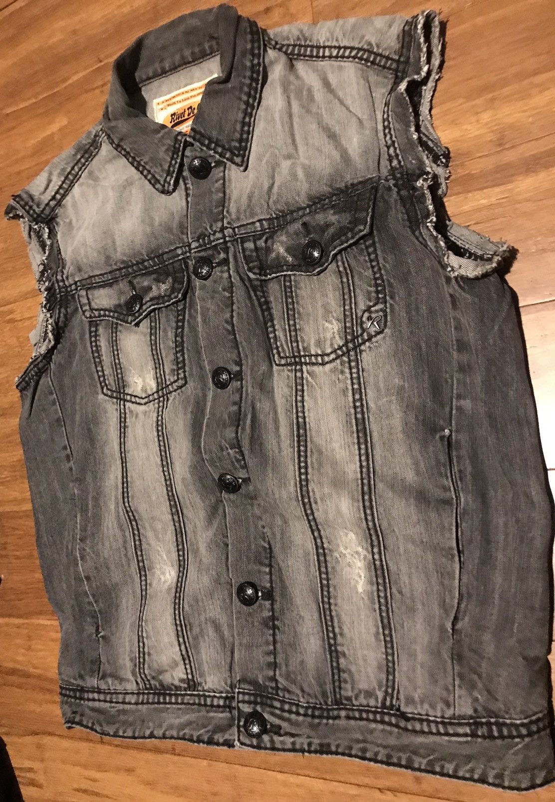 Vintage Rivet de Cru Jean Denim Jacket Sleeveless Distressed Biker Size US XL / EU 56 / 4 - 3 Thumbnail