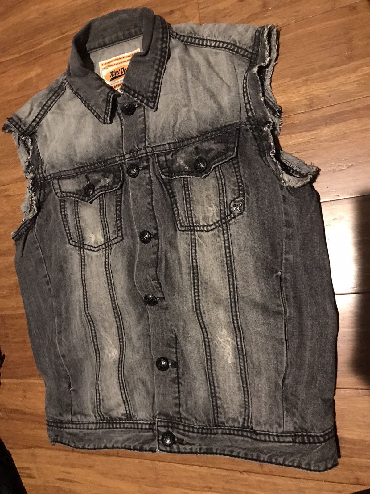 Vintage Rivet de Cru Jean Denim Jacket Sleeveless Distressed Biker Size US XL / EU 56 / 4 - 1 Thumbnail