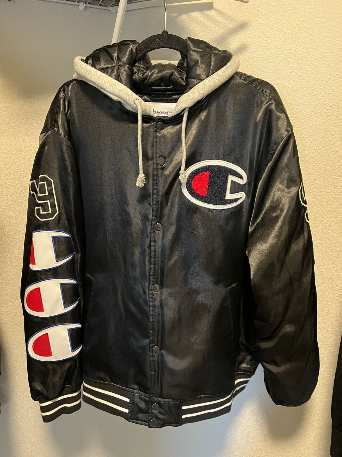 image of Champion Supreme Hooded Satin Varsity Jacket in Black, Men's (Size Large)