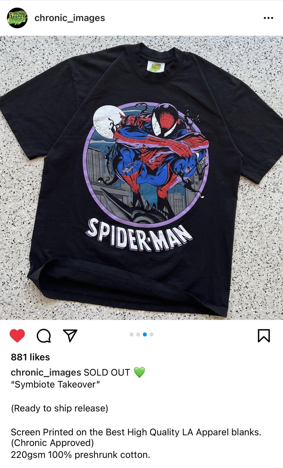 AOP Chronic Images Spider-Man Venom Tee top Sz Large