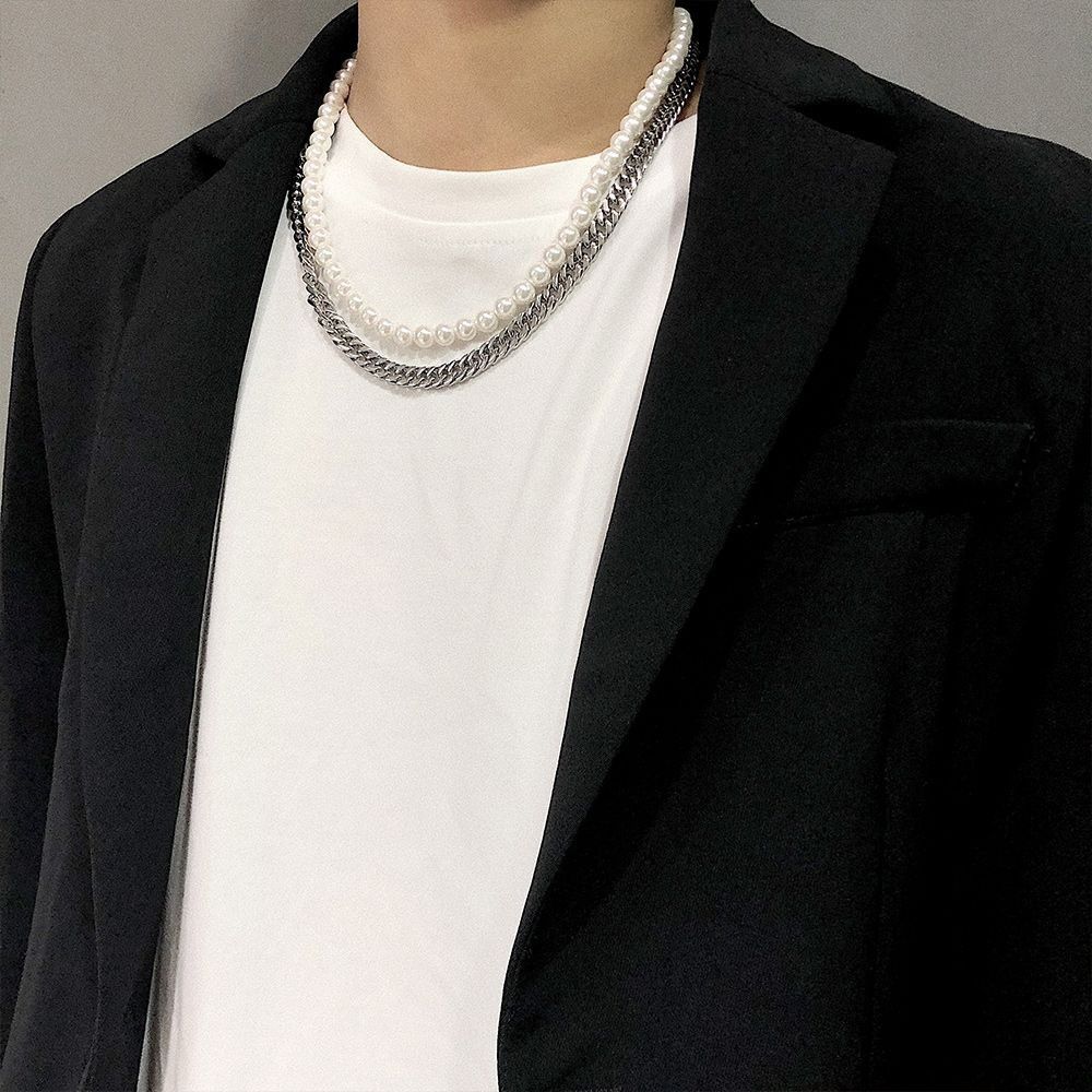 Jewelry × Vintage Fashion Double Pearl Chain Titanium Steel Necklace Size ONE SIZE - 3 Thumbnail