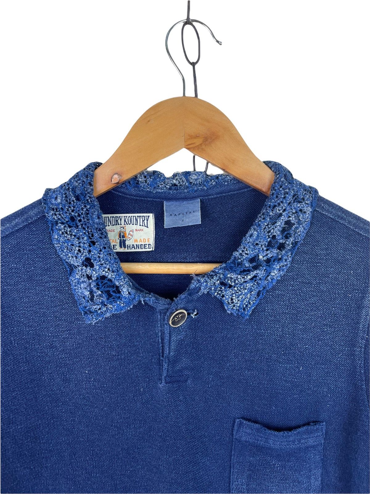 image of Indigo x Kapital Blue Dyed Floral Knit Collar Ss Shirt, Men's (Size XS)