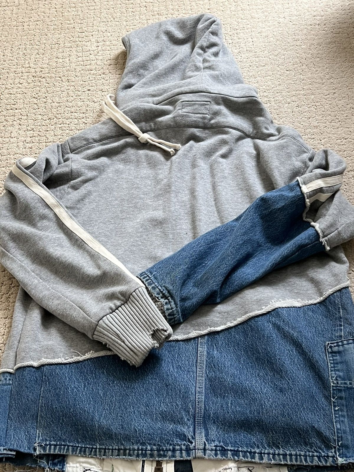 Greg Lauren 50/50 Grey Fleece Vintage Denim High Tech Hood Track Jacket Size US L / EU 52-54 / 3 - 2 Thumbnail