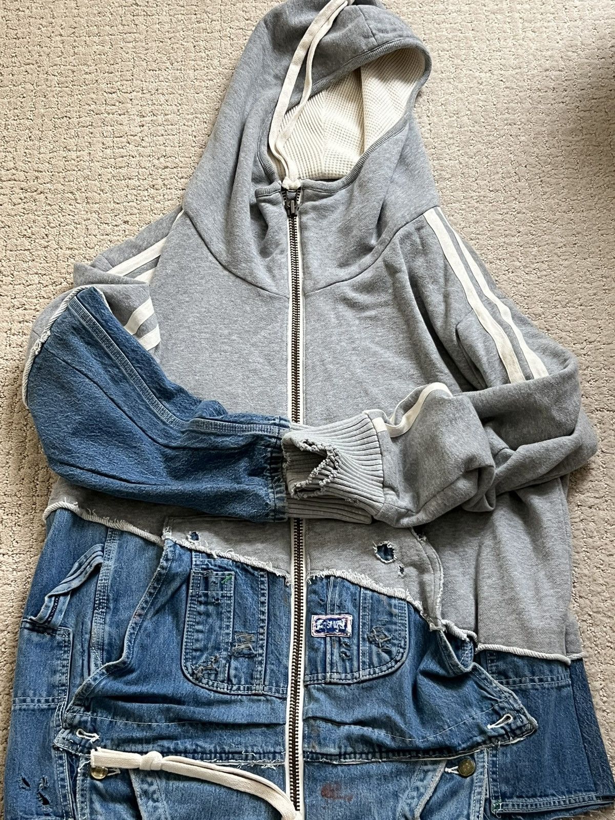 image of Greg Lauren 50/50 Grey Fleece Vintage Denim High Tech Hood Track Jacket, Men's (Size Large)