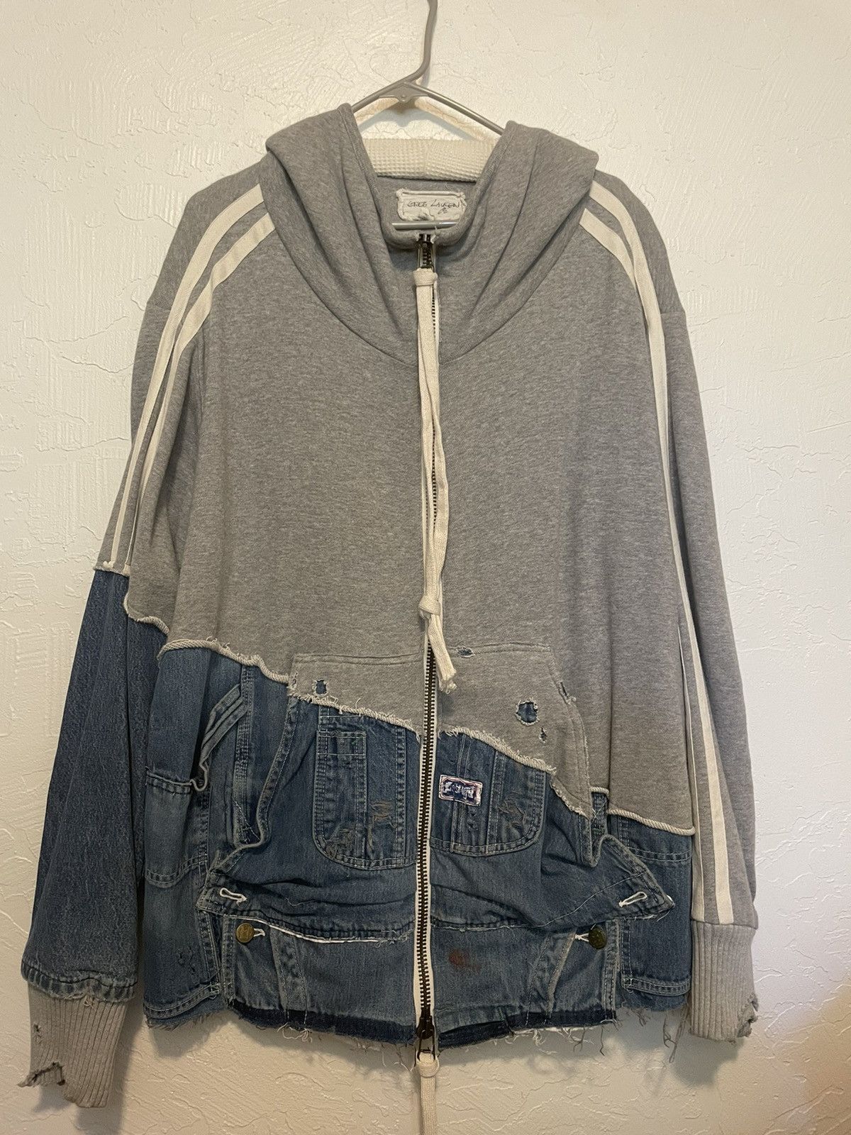 Greg Lauren 50/50 Grey Fleece Vintage Denim High Tech Hood Track Jacket Size US L / EU 52-54 / 3 - 6 Thumbnail