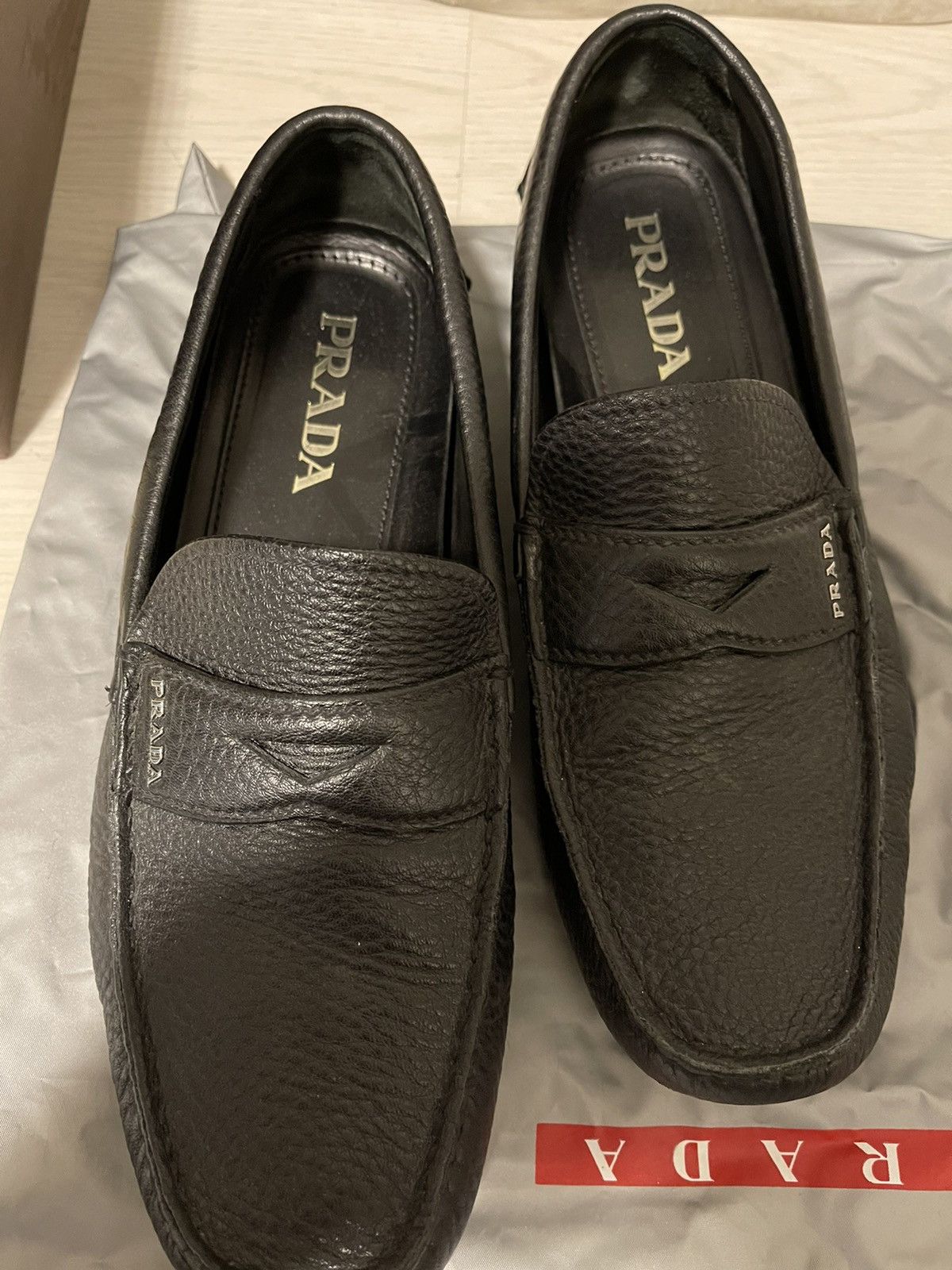 Prada men’s black Leather Slip-On Loafers Size 7.5 Shoes $795 PRADA - *LINEA ROSSA* Black Slip On Logo Vamp Loafer  main image 3