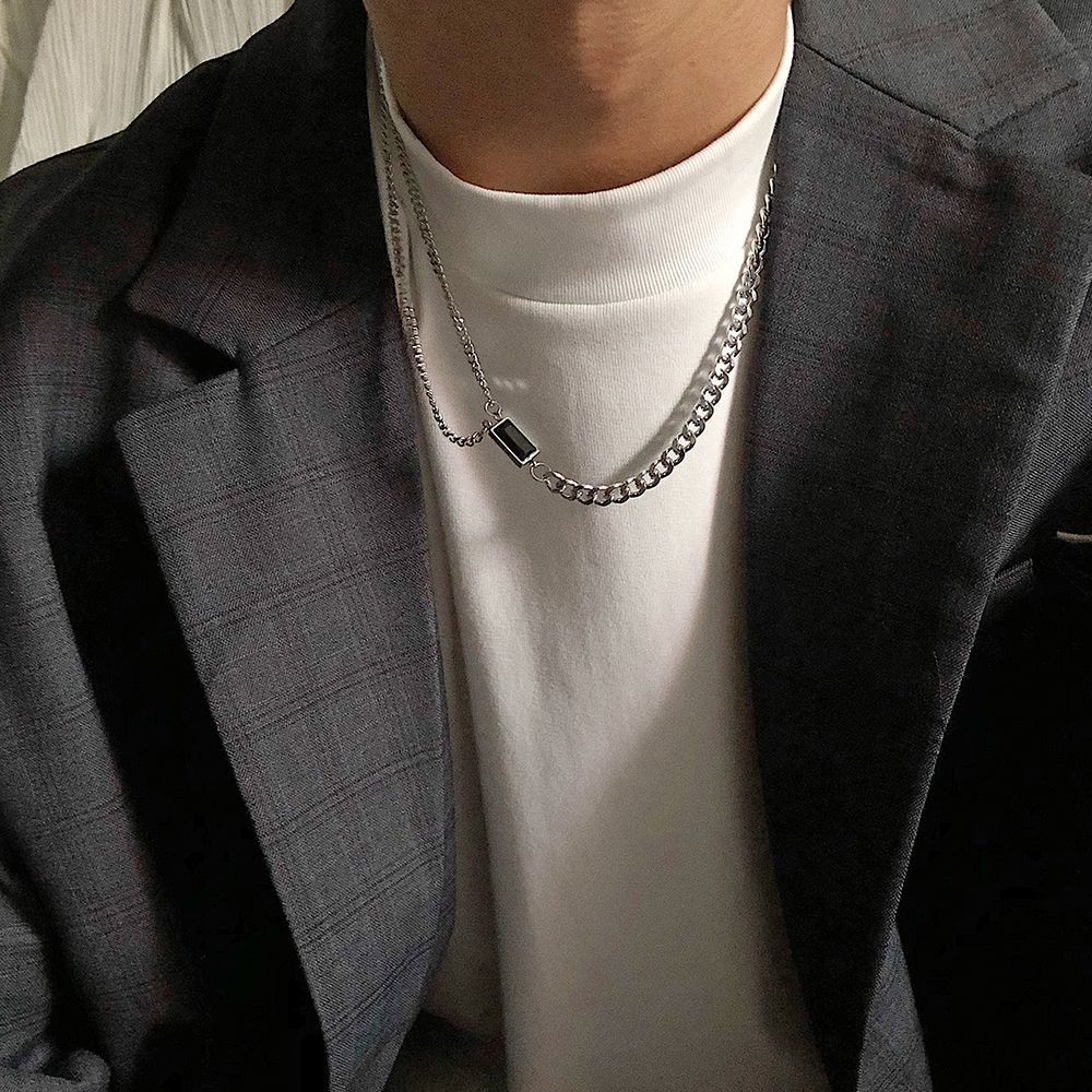 Jewelry × Vintage Black Square Pendant and Double Layer Titanium Necklace Size ONE SIZE - 1 Thumbnail