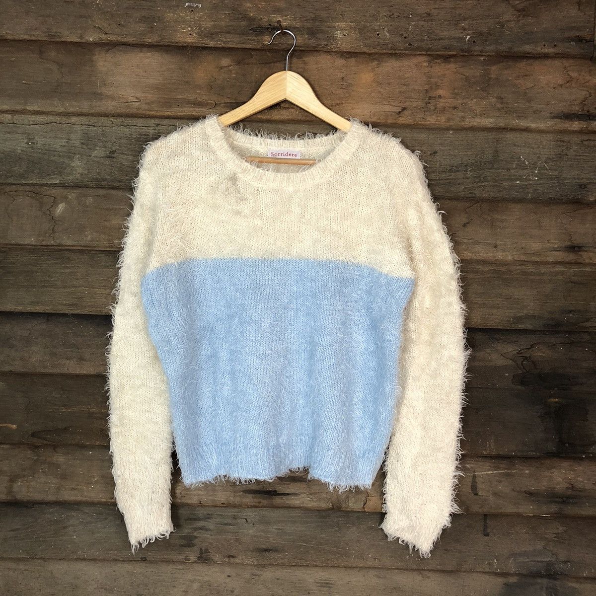 Homespun Knitwear × Japanese Brand × Vintage Sorridere White/Blue Shag Shaggy Fur Mohair Knitwear #7025 Size M / US 6-8 / IT 42-44 - 1 Thumbnail