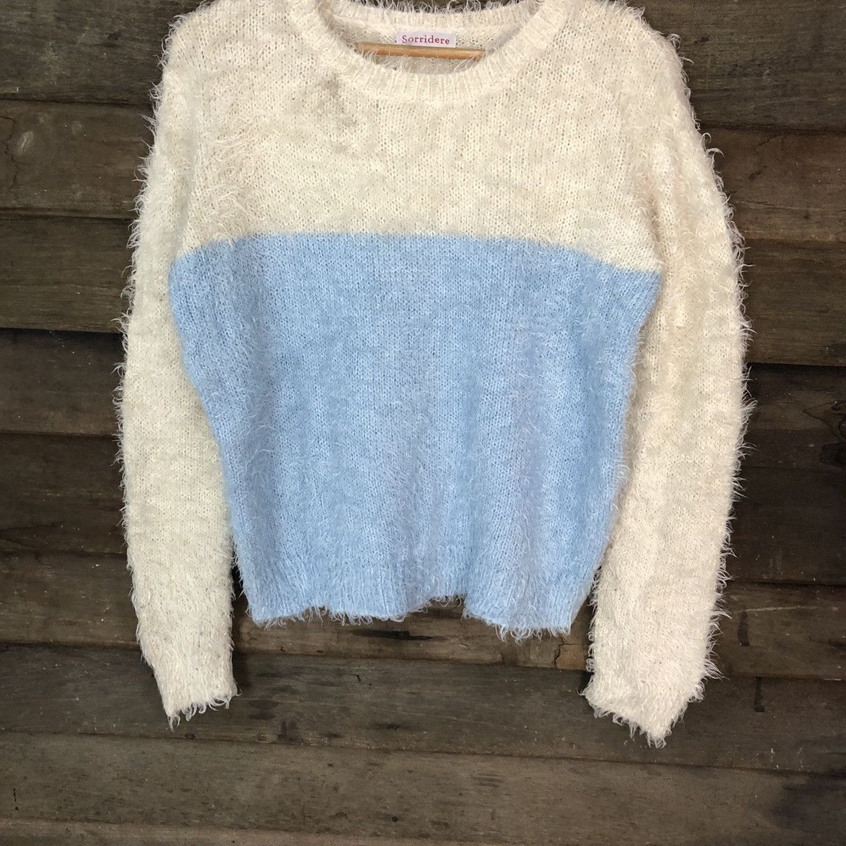 Homespun Knitwear × Japanese Brand × Vintage Sorridere White/Blue Shag Shaggy Fur Mohair Knitwear #7025 Size M / US 6-8 / IT 42-44 - 3 Thumbnail
