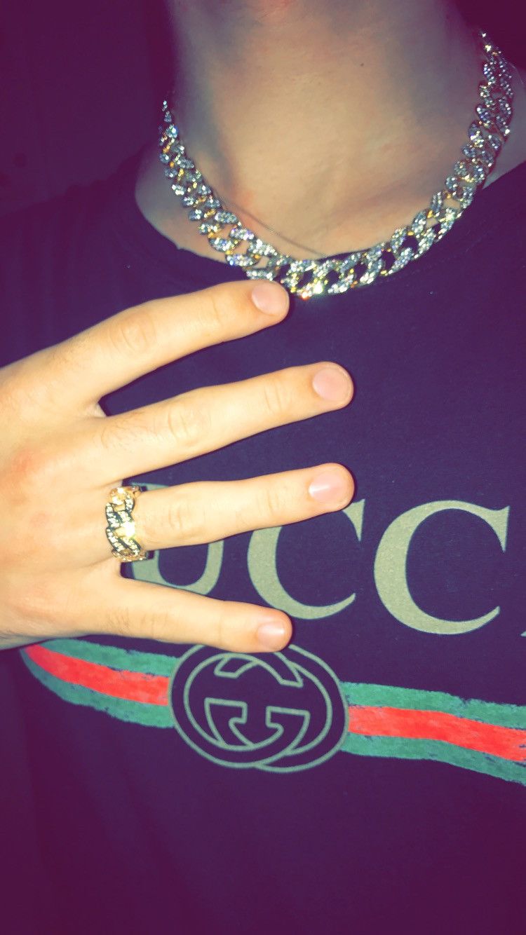 Jewelry 14k Gold Diamond Cuban Chain + Ring Combo (Cz VVS1) Size ONE SIZE - 1 Preview
