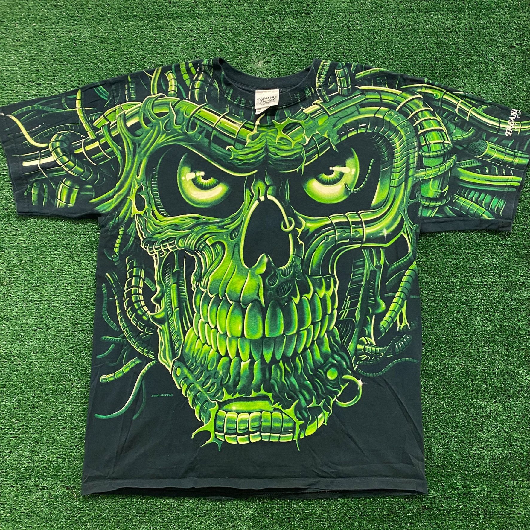 image of Liquid Blue x Movie Terminator Skull Vintage 90's Movie T-Shirt in Green, Men's (Size XL)