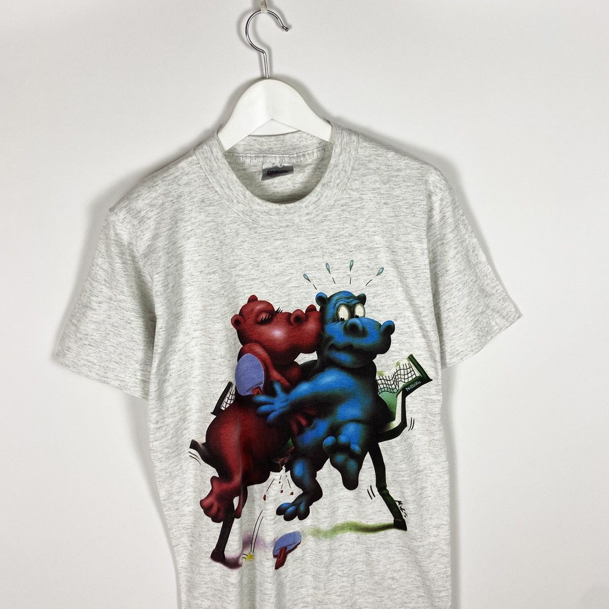 Vintage Vintage 90s Oneita Nittaku Hippo Humor ping pong tee Japan Size US M / EU 48-50 / 2 - 2 Thumbnail
