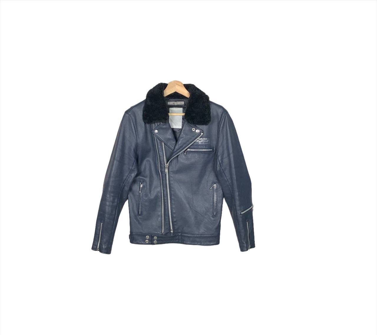 image of Bounty Hunter X Raleigh Double Collar Bikers Leather Jacket in Navy Blue, Men's (Size Medium)
