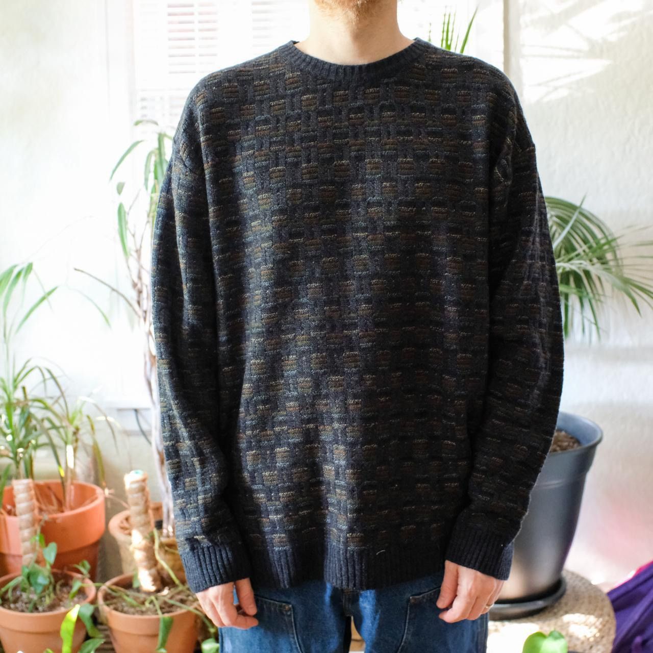 Hunt Club Vintage 00s Navy Blue and Brown Knitted Sweater by Hunt Club