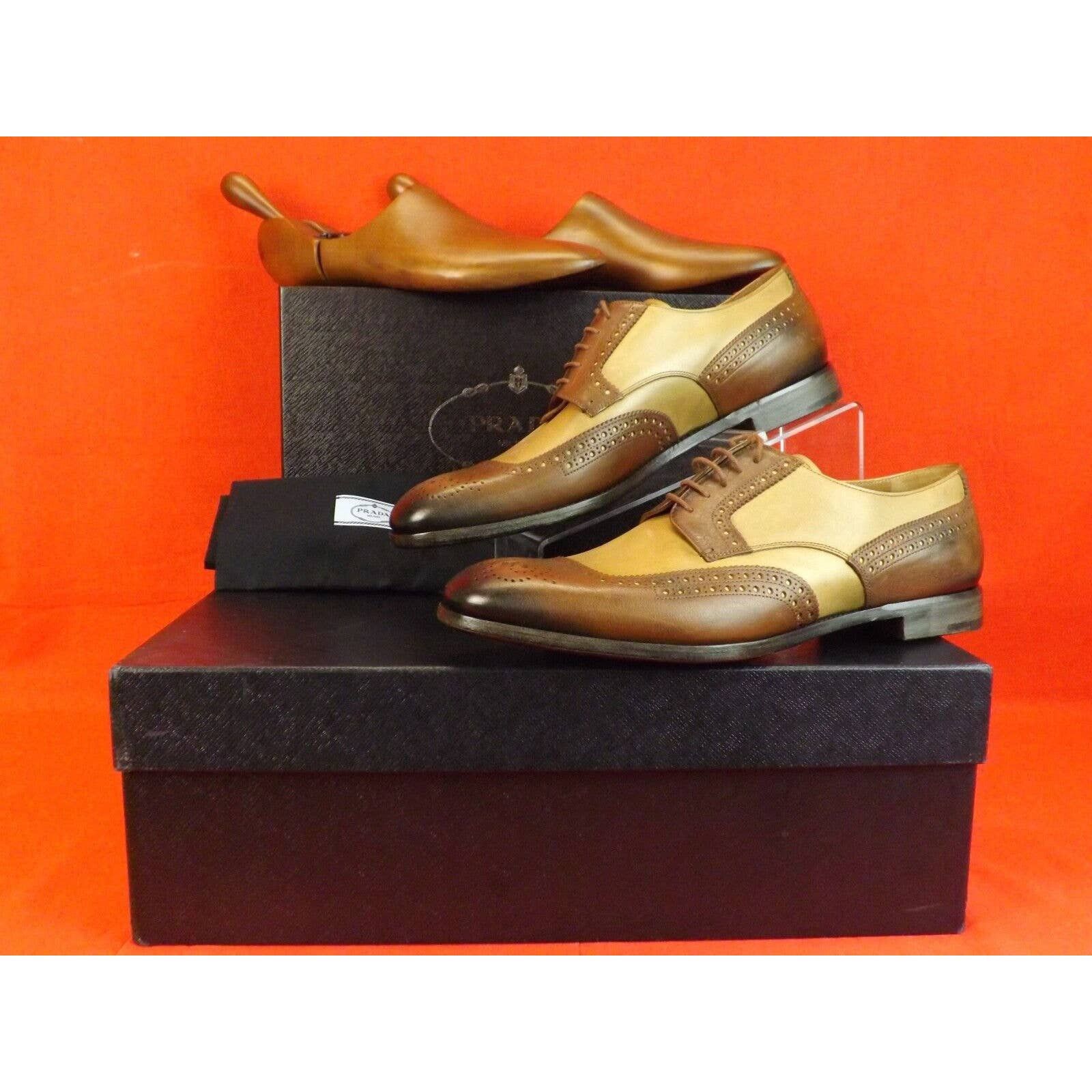 NIB PRADA 2EF020 BURNISHED BROWN TAN LEATHER BROGUE OXFORDS TREES SET 9 AUTH PRADA DERBY FULL BROGUE SHOES 2EF020 BROWN LEATHER US  main image 2