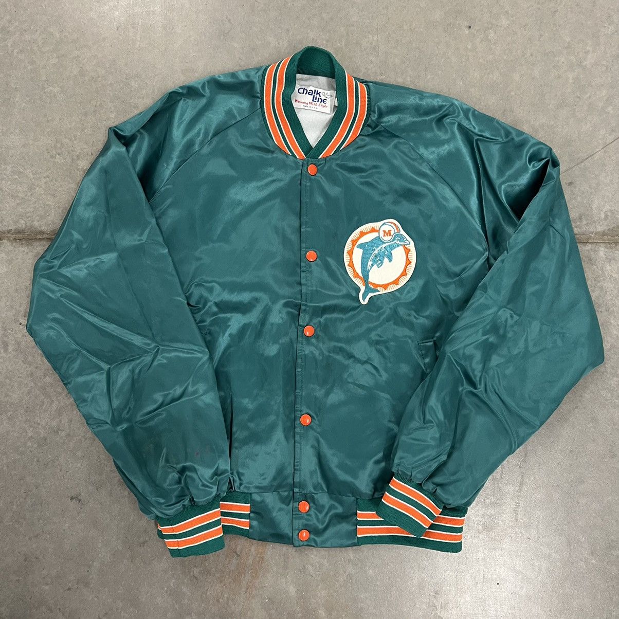 Image of Vintage Chalk Line Miami Dolphins Satin Jacket in Green, Men's (Size XL)