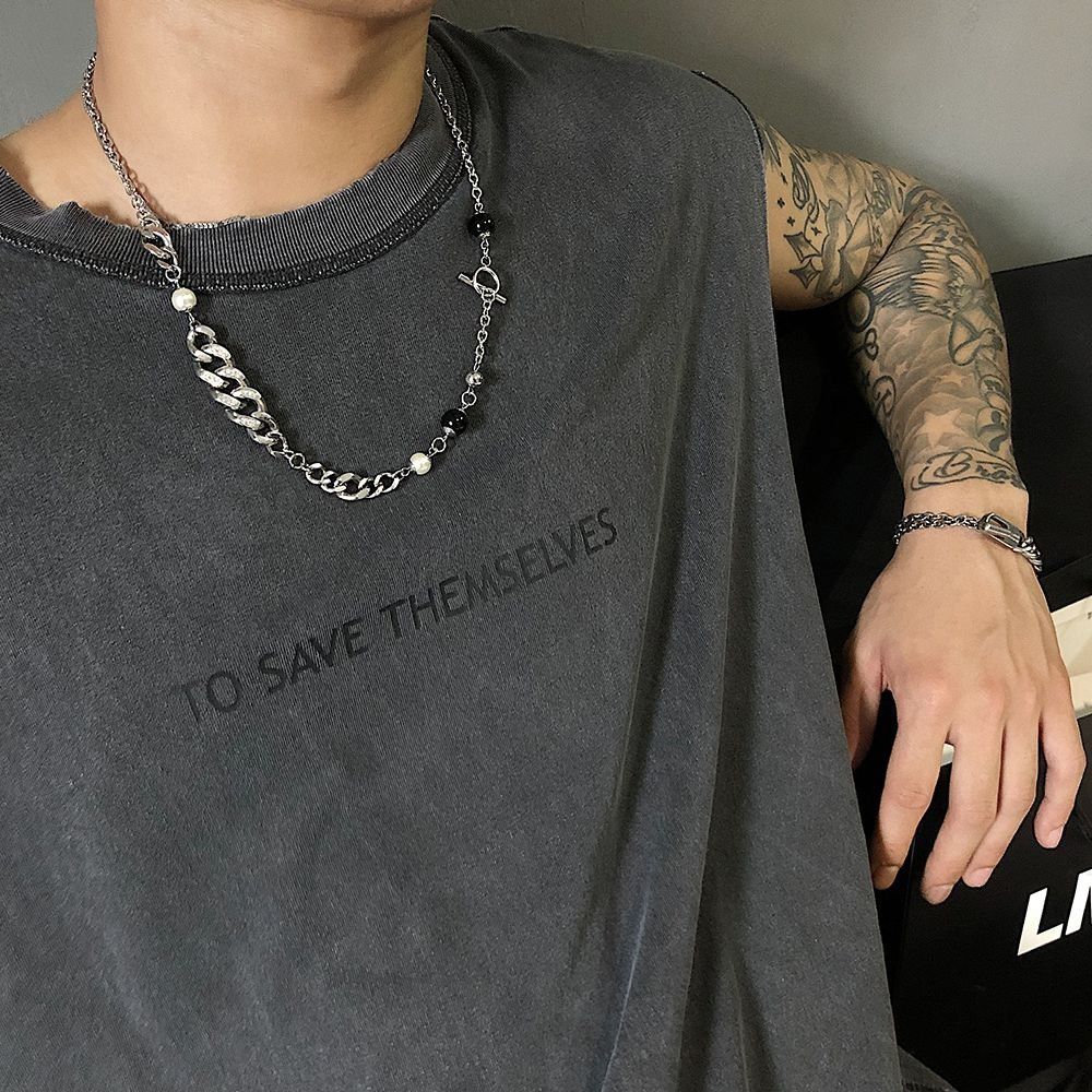 Jewelry × Vintage Men's Hip Hop Pearl Chain Titanium Steel Necklace Size ONE SIZE - 1 Thumbnail