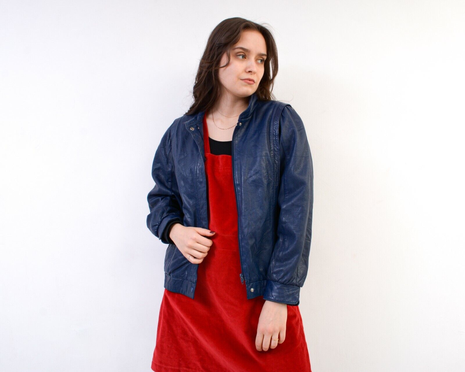 Vintage Leather Jacket Bomber Motorcycle Coat Blue Full Zip Up Biker Size S / US 4 / IT 40 - 1 Thumbnail