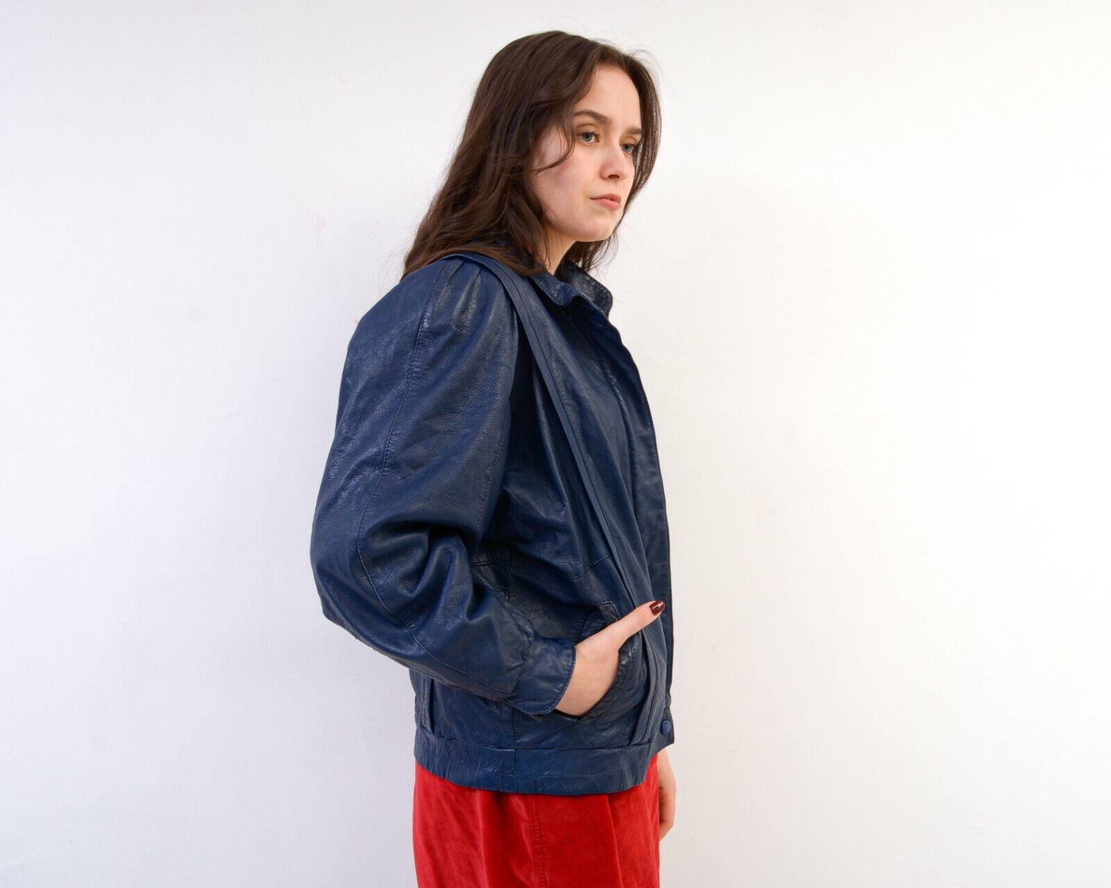 Vintage Leather Jacket Bomber Motorcycle Coat Blue Full Zip Up Biker Size S / US 4 / IT 40 - 2 Thumbnail