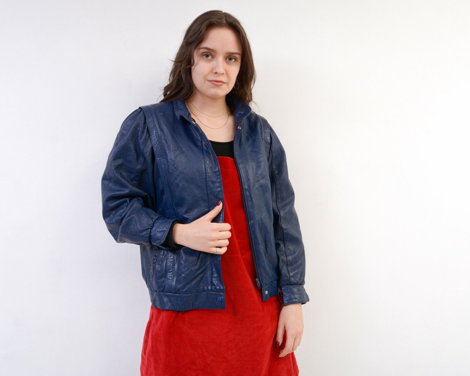 Vintage Leather Jacket Bomber Motorcycle Coat Blue Full Zip Up Biker Size S / US 4 / IT 40 - 3 Thumbnail