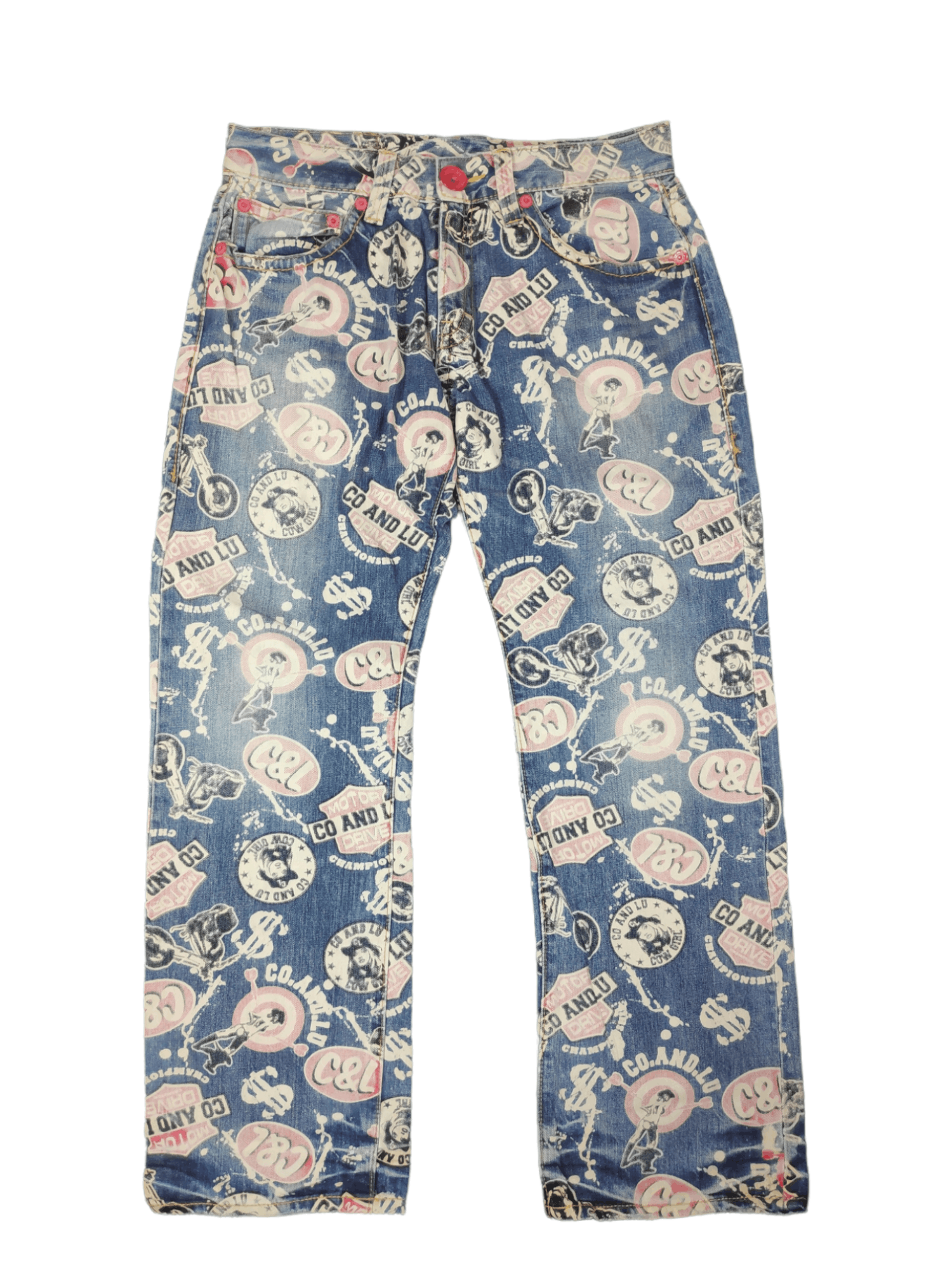 Japanese Brand Vintage Co & Lu Hysteric Style Fullprint Motor Drive Jeans Size US 30 / EU 46 - 1 Thumbnail