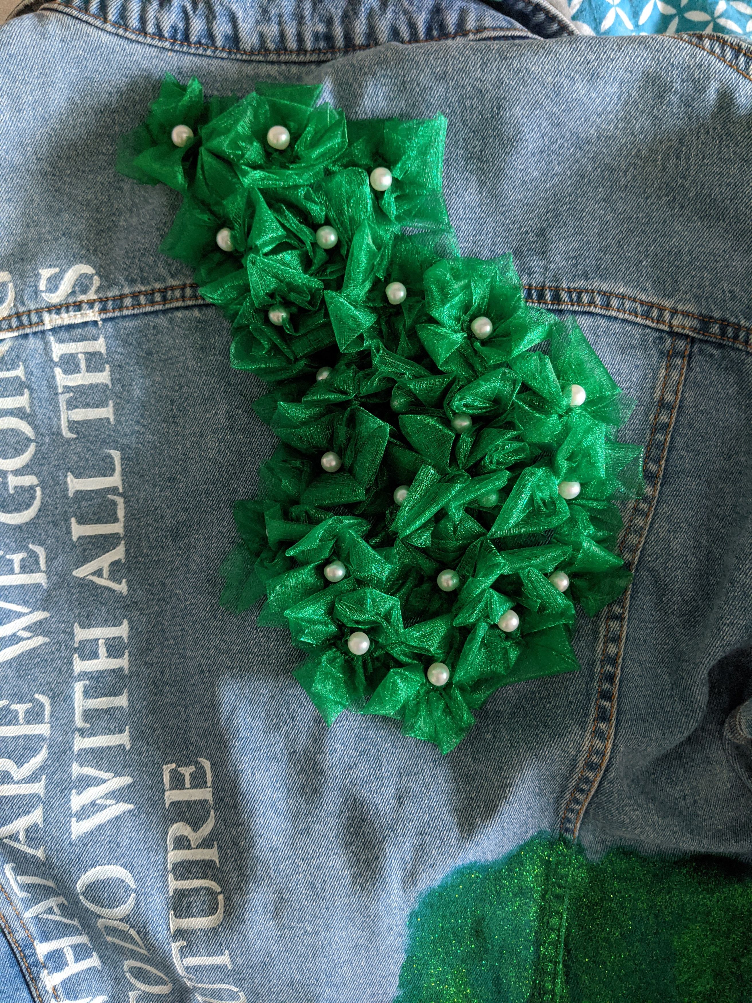 Handmade Denim jacket with handmade organza flowers (all sizes) Size US M / EU 48-50 / 2 - 8 Thumbnail