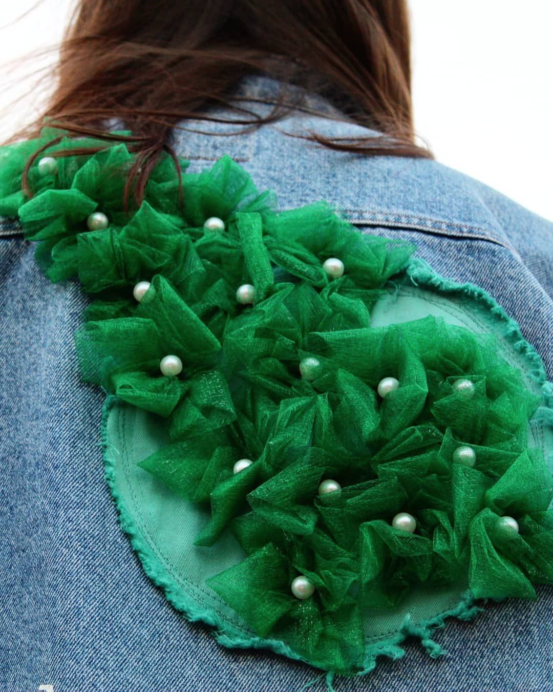 Handmade Denim jacket with handmade organza flowers (all sizes) Size US M / EU 48-50 / 2 - 4 Thumbnail