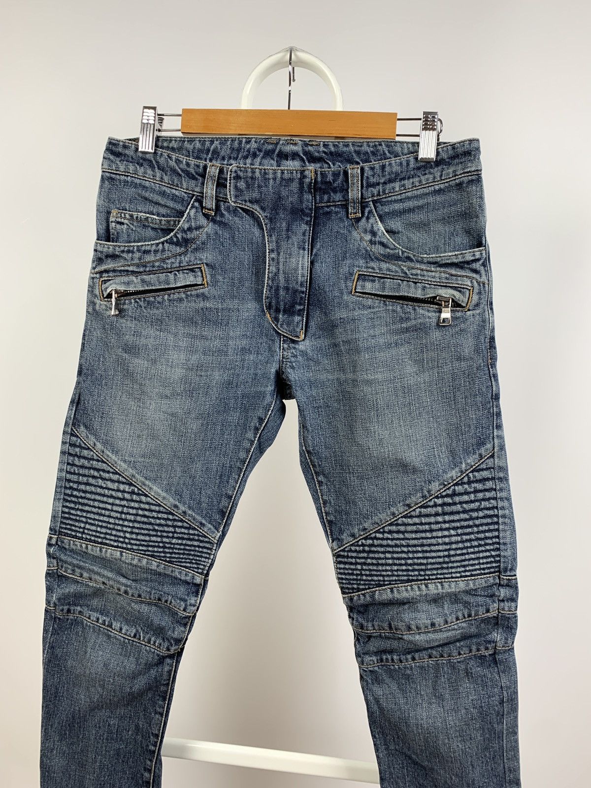 Balmain Paris Biker Blue Denim Skinny Jeans Pants