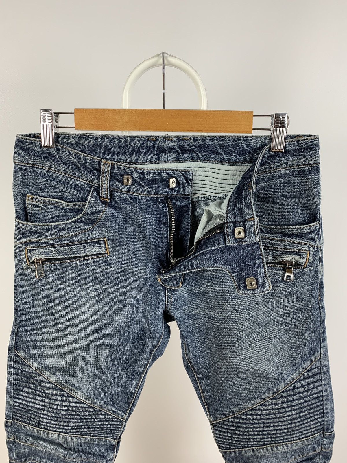 Balmain Paris Biker Blue Denim Skinny Jeans Pants