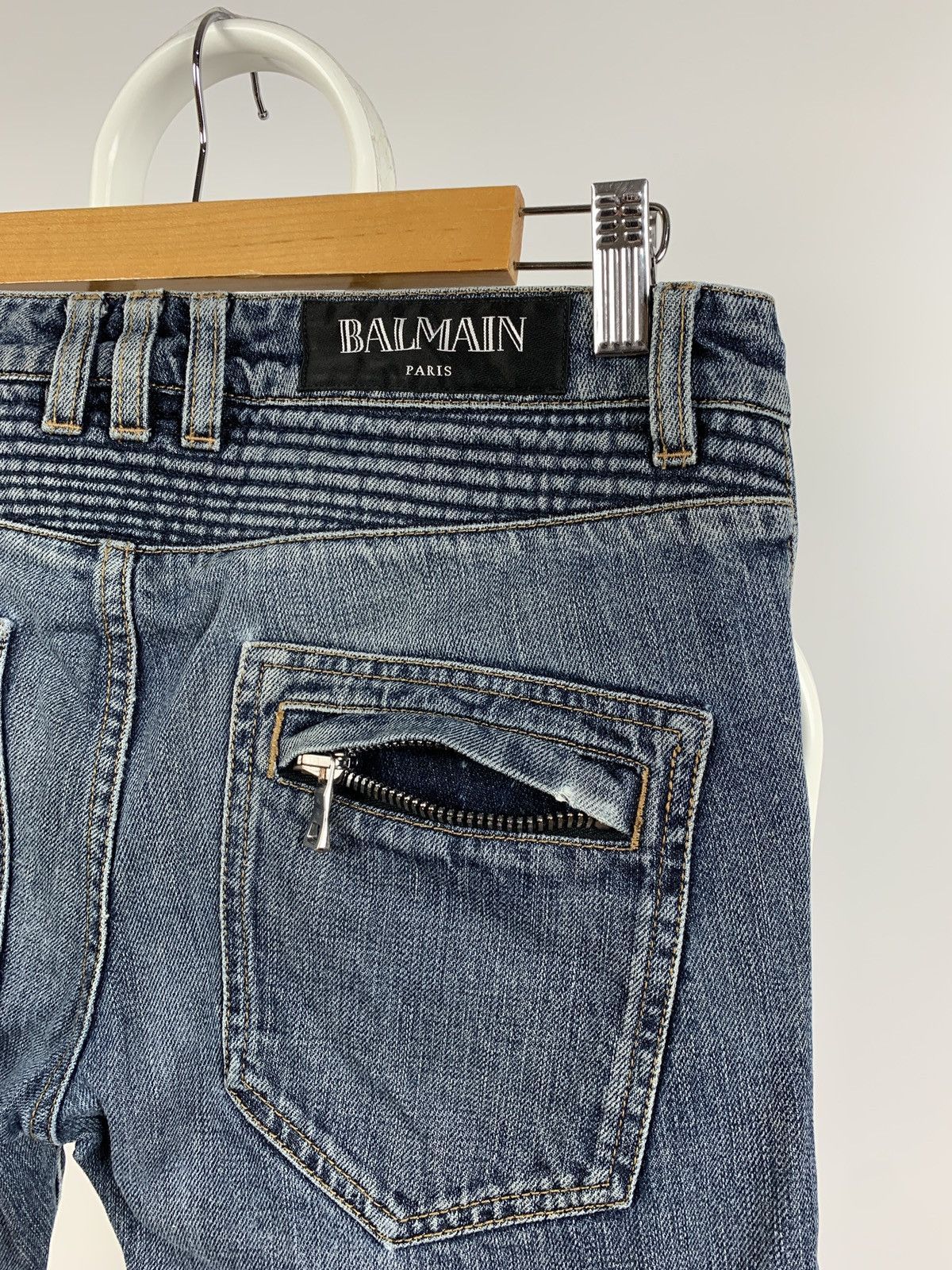 Balmain Paris Biker Blue Denim Skinny Jeans Pants